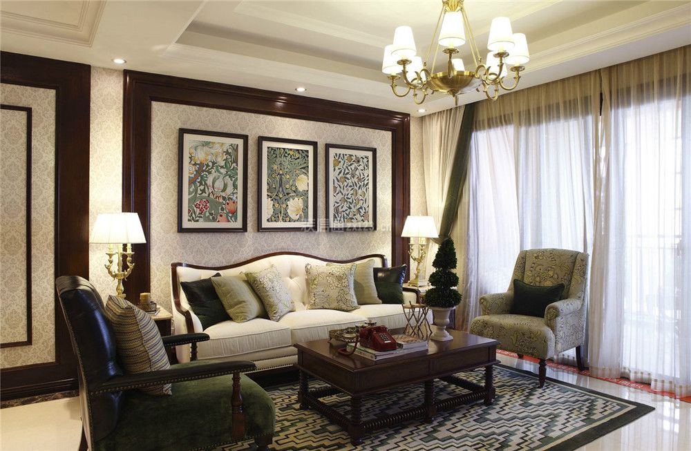 美式复古风格客厅地毯铺设实景图