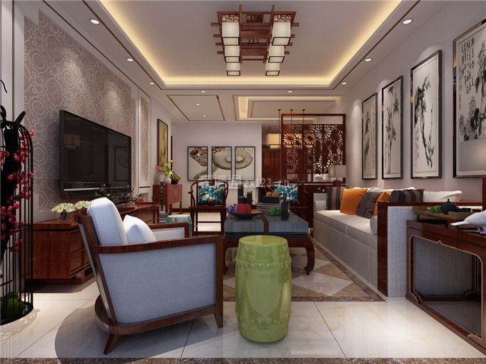 中式风格新房客厅整体装潢设计图2023