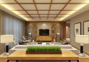98平中式风格客厅木质格栅吊顶效果图