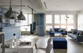 北欧工业风格120平米三居客厅蓝色沙发装修效果图片