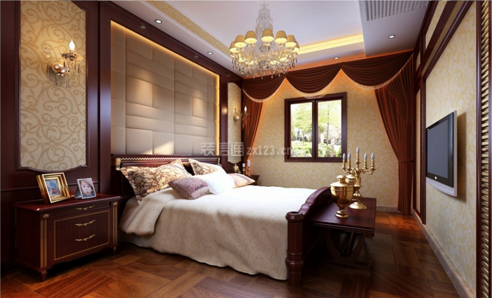 中式风格家装卧室床头软包设计效果图