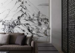 新中式风格客厅沙发背景墙水墨画装饰效果图