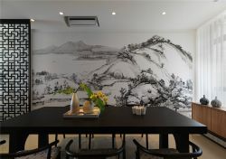 新中式风格新房餐厅背景墙水墨画装饰图片