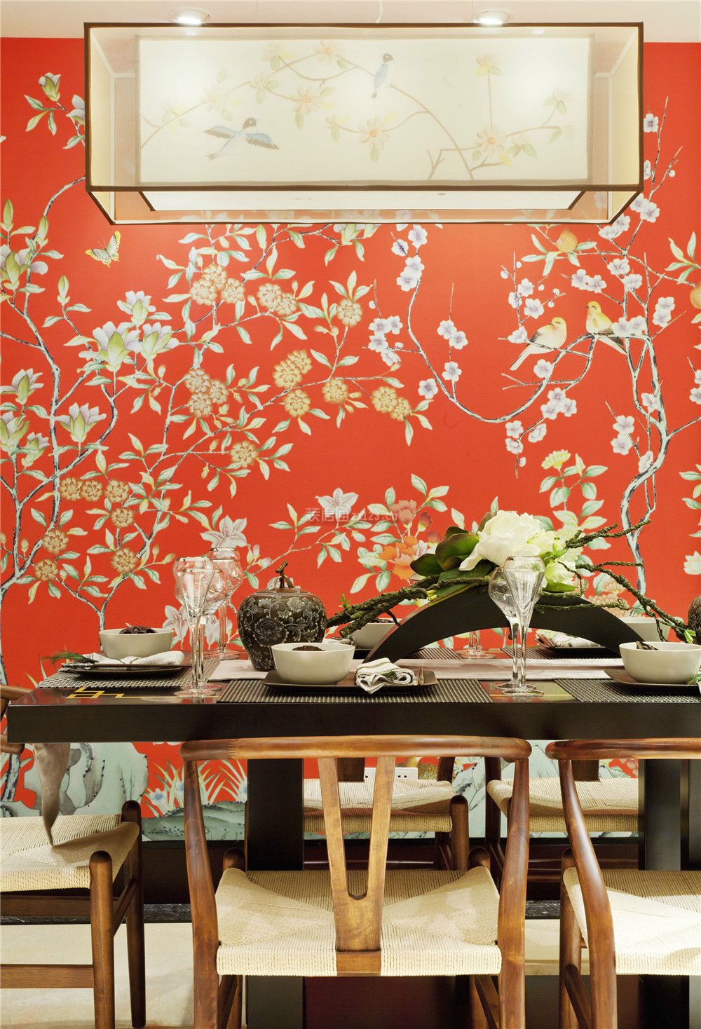 126平中式风格室内背景墙壁纸装修效果图