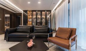 136平米现代简约风格三居客厅黑色沙发家装实景图