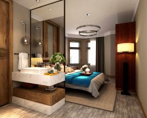 中式风格家庭卧室带卫生间设计装潢图片