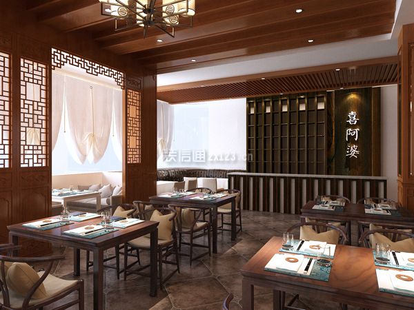 400平米中式风格餐厅大厅桌椅摆放效果图
