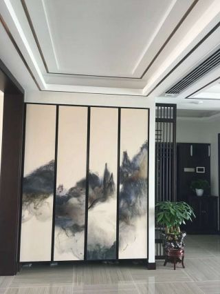新中式风格140平米三居玄关背景墙家装图片