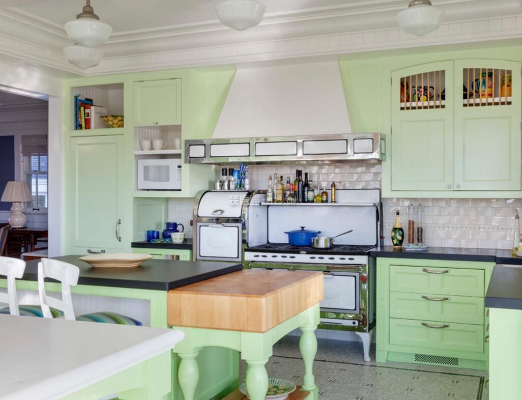成都田园风格厨房绿色橱柜装修设计效果图_别墅设计图