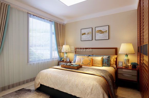 现代中式风格110平二居室卧室装修效果图