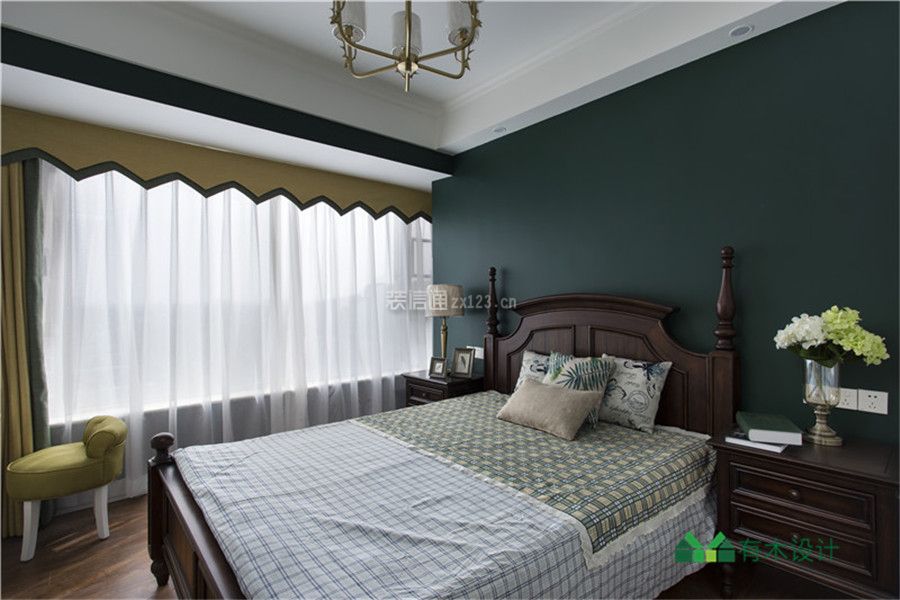 保利锦湖林语三居90平美式风格卧室床头设计图片