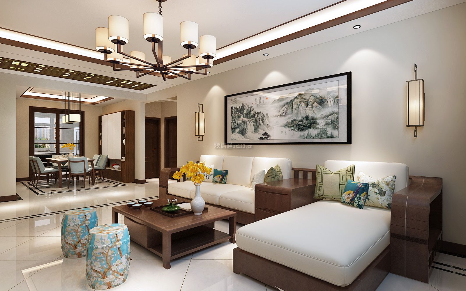 新中式148平米三居室客厅沙发墙装饰效果图