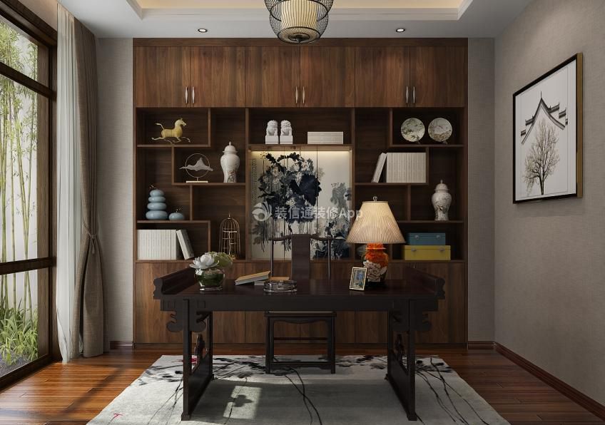 新中式风格120平米三室书房书桌装潢效果图