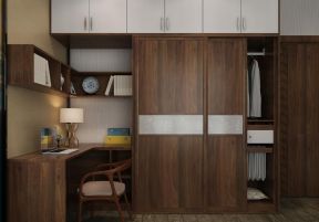 新中式风格家庭卧室书桌衣柜组合装潢效果图