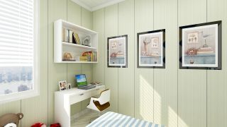 87平米二居室家装卧室书桌背景墙设计效果图