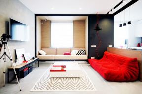 157平米三居室现代简约风格客厅红沙发装修实景图