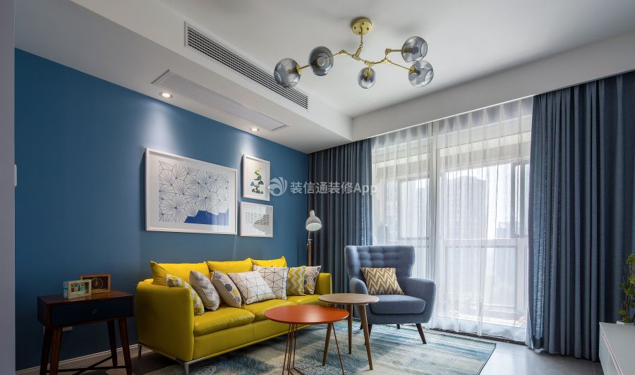 98平米小户型客厅黄色布艺窗帘装修装饰图