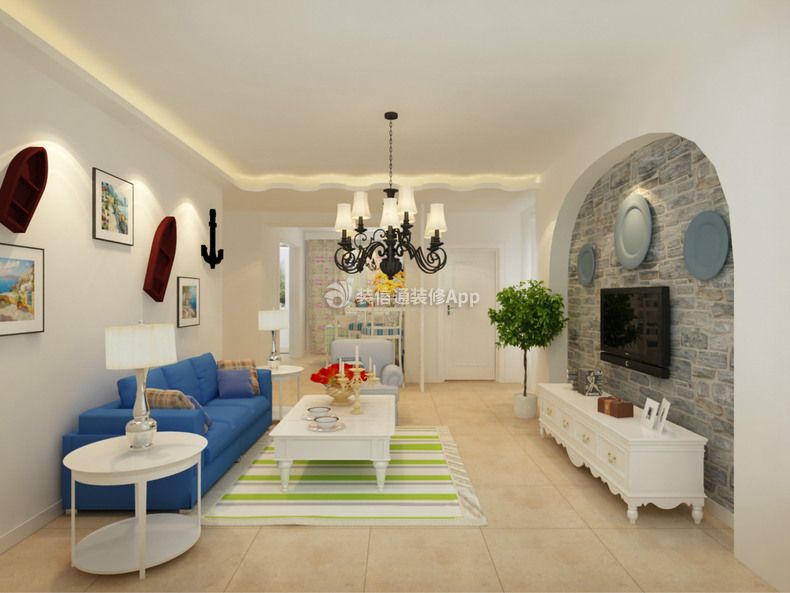地中海风格客厅蓝色沙发设计效果图片