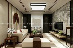 110平米新中式风格三居室客厅背景墙装修效果图