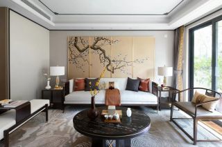 132平米新中式风格三室客厅沙发墙装修实景图