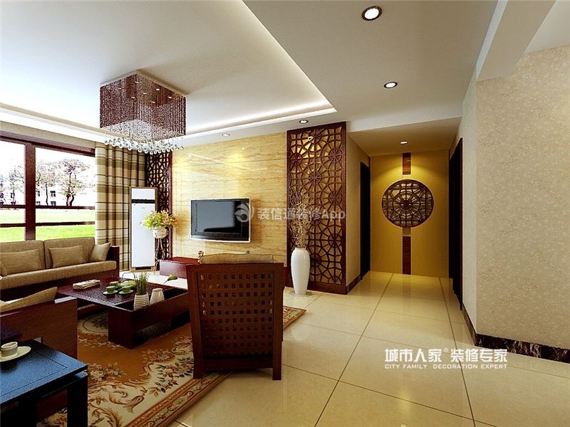 新中式风格130平三居婚房客厅电视墙设计效果图