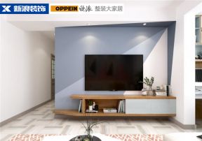 2023现代风格三居室住宅客厅蓝色电视墙装潢效果图