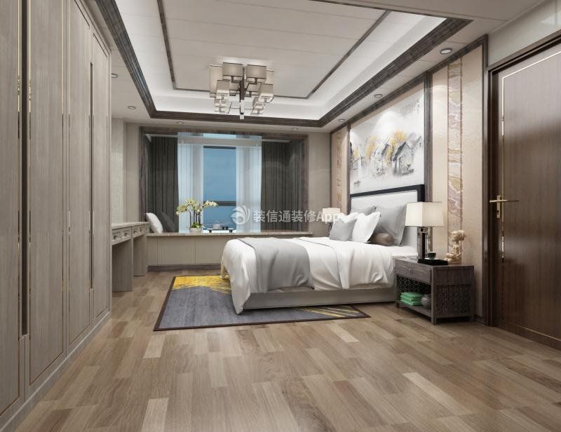 新中式风格104平米三居室卧室吊顶装修效果图