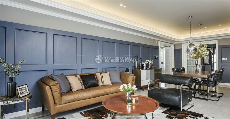 101平米现代轻奢三居室客厅皮沙发设计图片