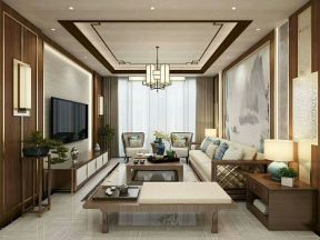 新中式风格126平米三居室客厅吊顶设计效果图