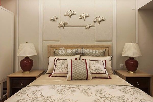 99平米现代中式风格三居卧室床头背景墙面装饰图片