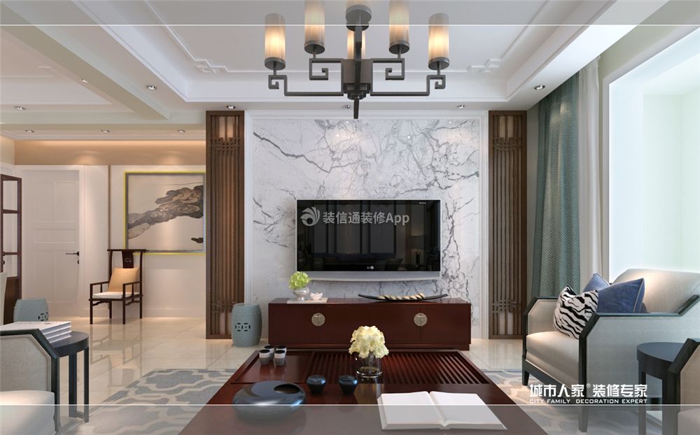 139平米新中式风格三居客厅电视墙家装效果图