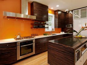 2023简约风格家庭开放式厨房橘色背景墙设计图片