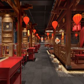 1000平米中式风格火锅店大厅走廊装修效果图