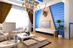 恒大天府半岛三居02平地中海风格客厅撞色电视背景墙设计图