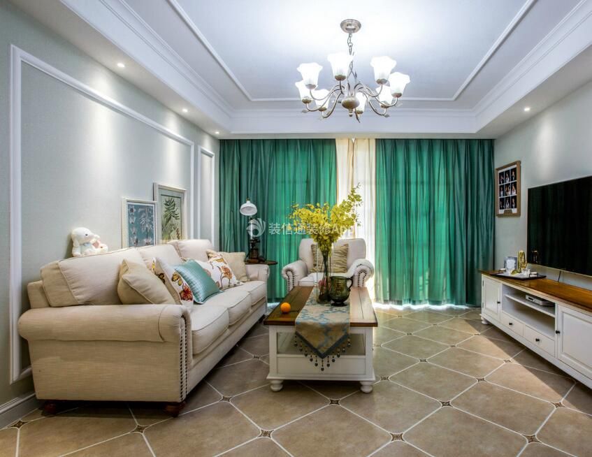 简约美式风格家用客厅绿色窗帘装修
