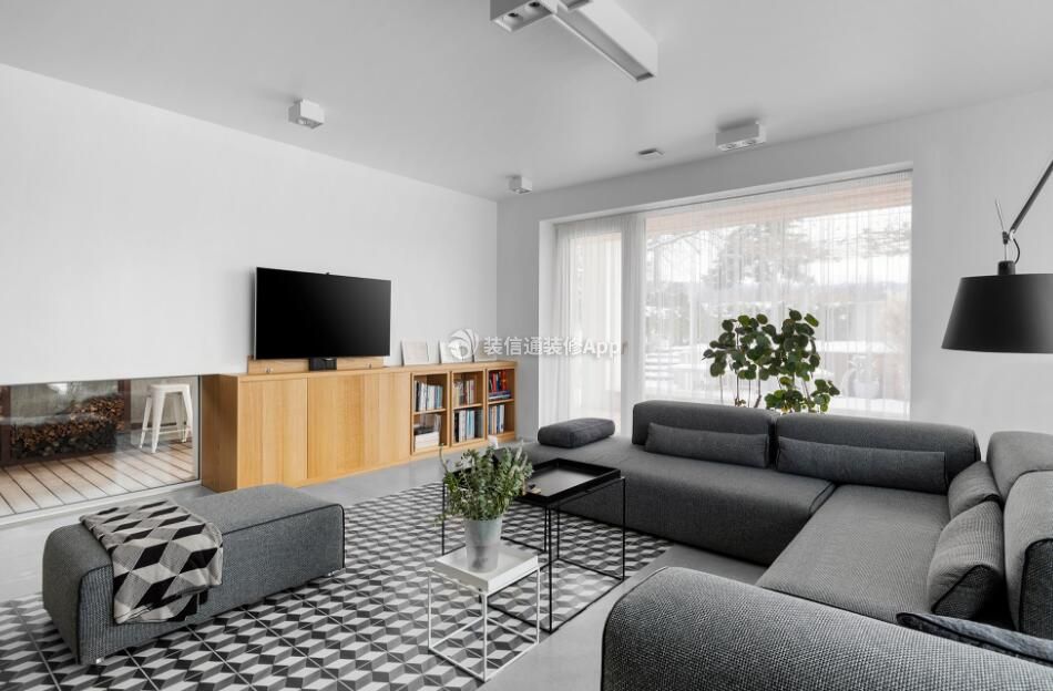 房屋客厅灰色布艺沙发摆放设计效果图
