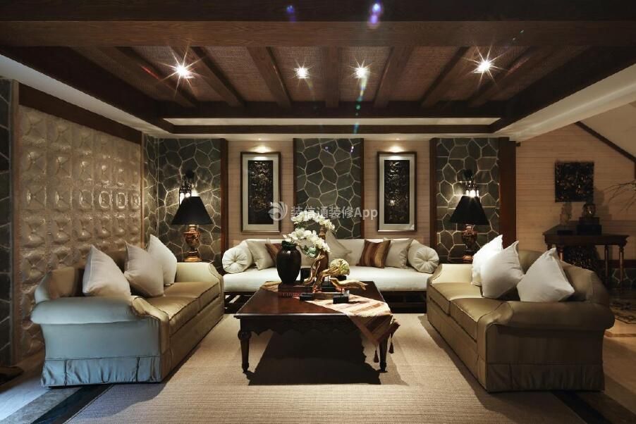 东南亚风格室内客厅正方形茶几装修效果图
