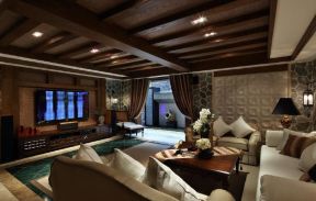 东南亚室内客厅木质吊顶装潢装修效果图