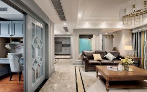 现代美式风格136㎡四居客厅皮沙发设计图片