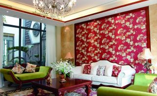 东南亚客厅室内红色背景墙装修设计效果图