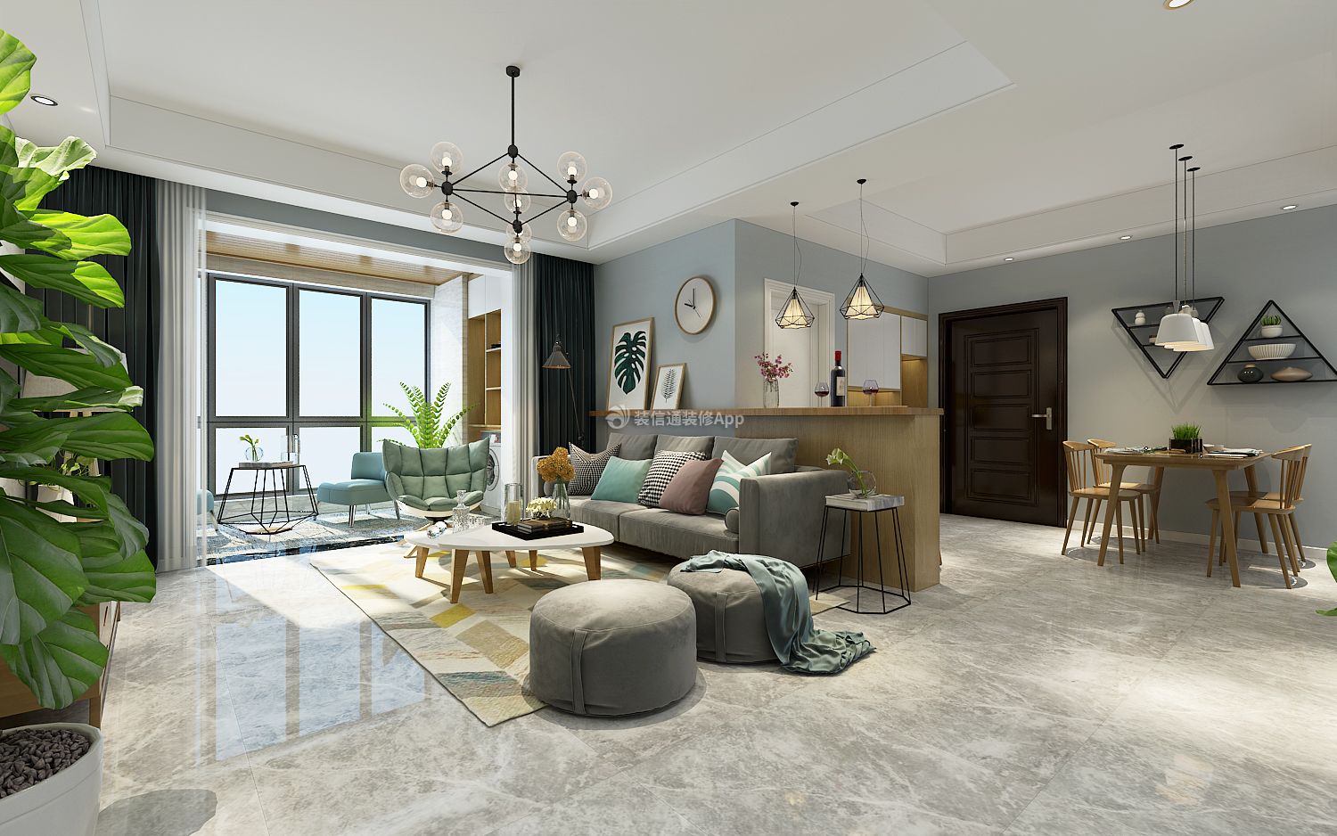 2022北欧风格三居室新房客厅吊灯装潢效果图