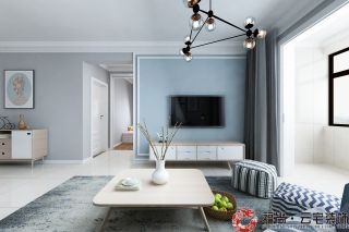 简约北欧风格90㎡两居客厅蓝色电视墙装潢效果图