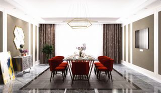 现代时尚别墅餐厅红色餐椅装修设计实景图