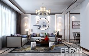170平米新中式风格三居客厅沙发墙挂画布置效果图