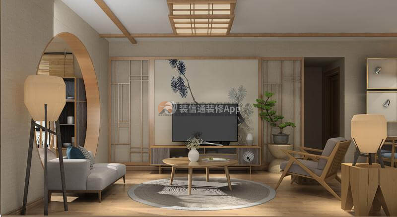112平米三居室日式客厅电视背景墙装修设计效果图