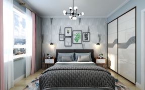 灰蓝色北欧风二居室内卧室衣柜床背景墙装潢效果图