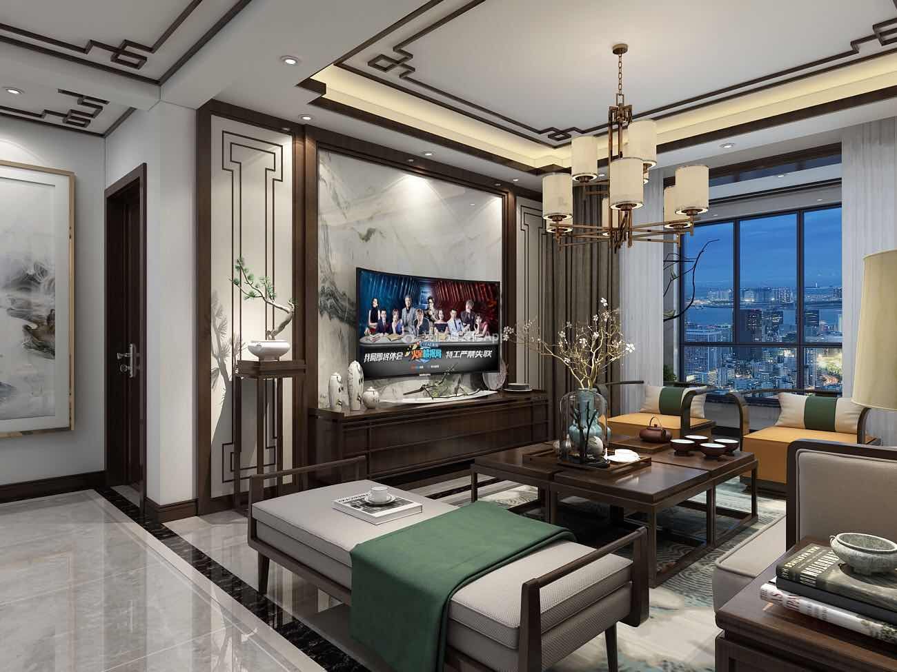 中式风格128平方电视墙吊顶装修效果图片