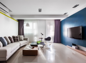 100平方米房子客厅蓝色电视墙设计图欣赏