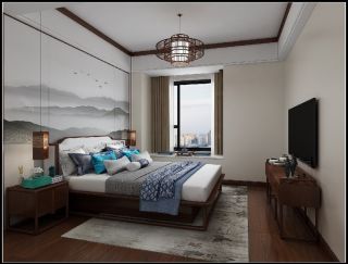 中式500平米中式别墅卧室背景墙装修设计图欣赏