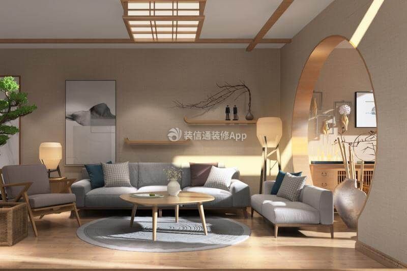 彰泰天街日式风格客厅沙发背景墙置物架效果图